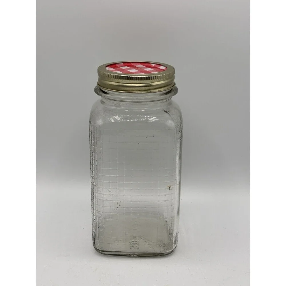Vintage Square Qt. Jar Waffle/grid Pattern Three Sides Canning/ Coffee Jar